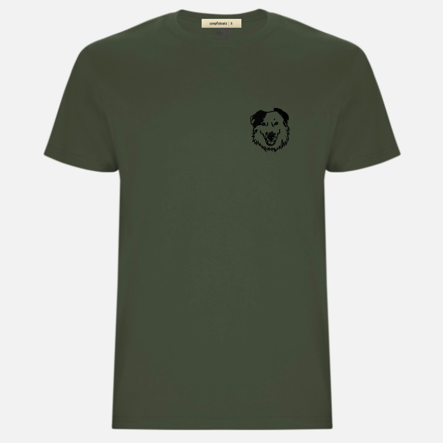 Camiseta verde personalizada bordada estilo minimalista con cara de mascota