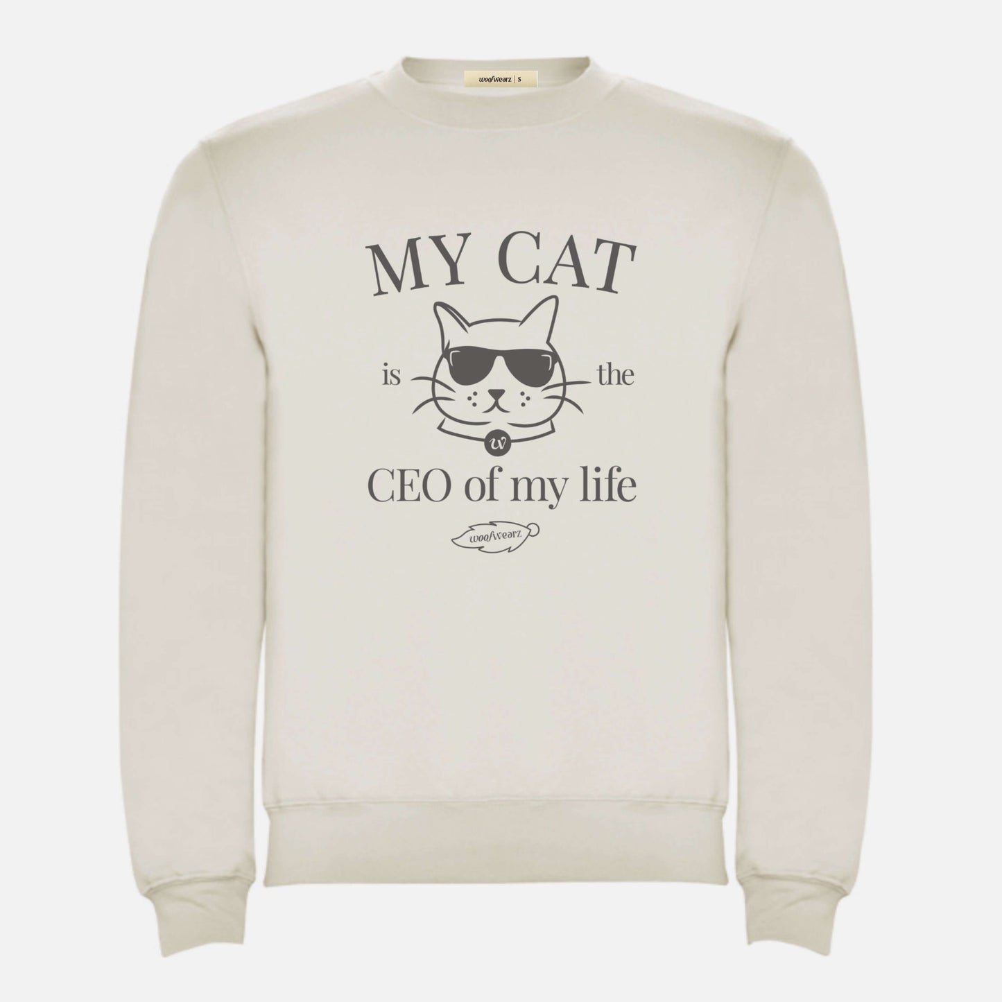 Sudadera color blanco roto Cat Lover con frase estampada “My cat is the CEO of my life”