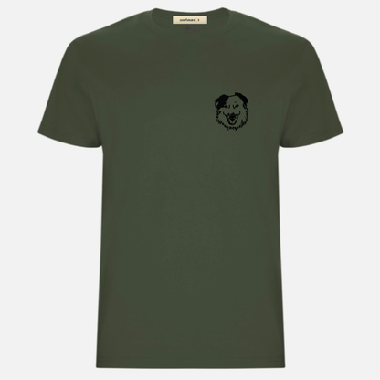 Camiseta verde personalizada bordada estilo minimalista con cara de mascota